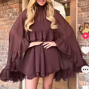 NWT, Commense • Elegant Plum Ruffle Chiffon Two-Piece set Dress, Size XS